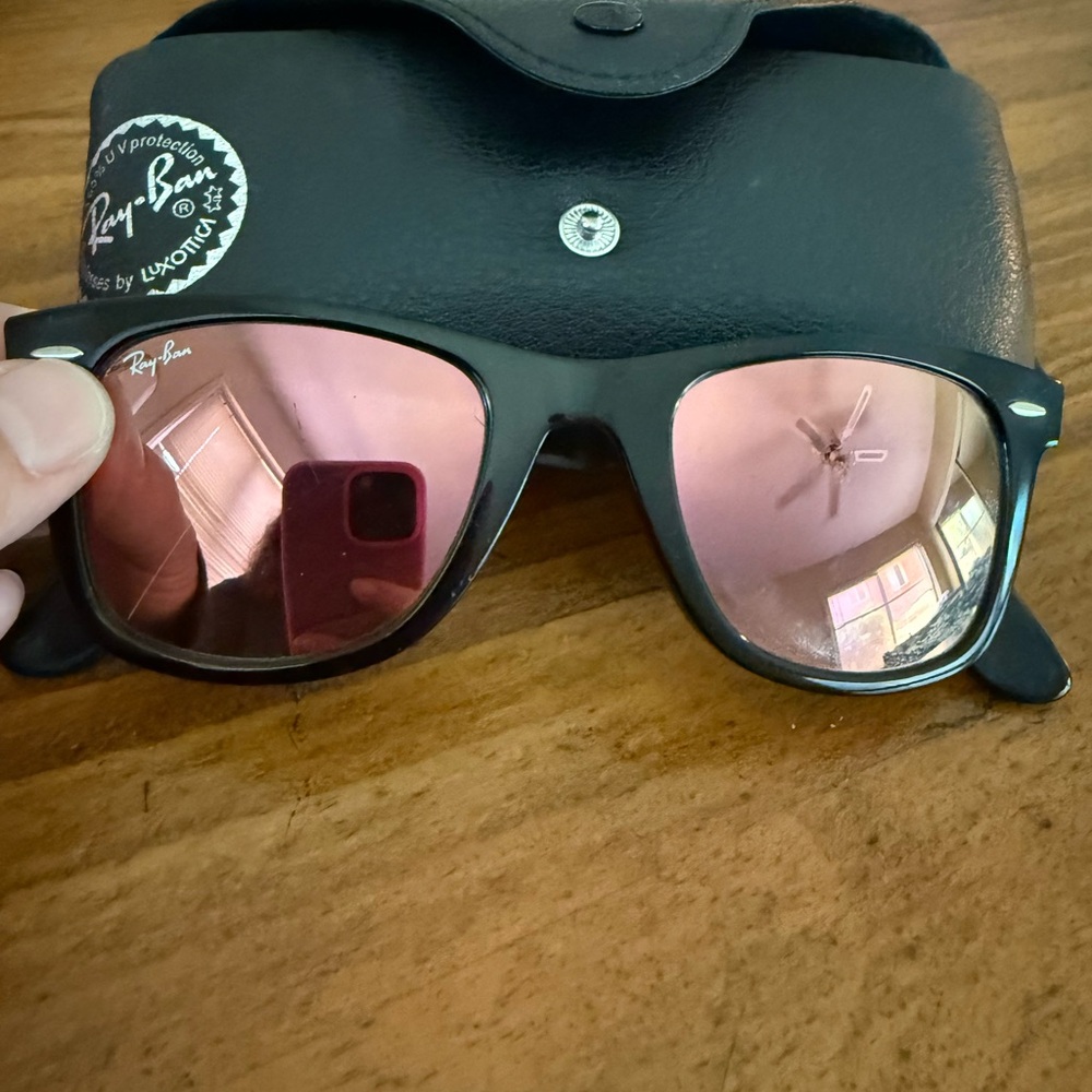 Ray-Ban Black Frame Sunglasses with Pink Mirrored Lenses